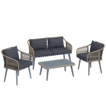 Outsunny 4 Piece Rattan Garden Furniture Set with Loveseat, Armchairs, Wood Table, Wicker Patio Conversation Set, Grey