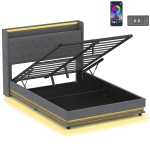 HOMCOM Stelaż łóżka 140 x 200 cm z zagłówkiem i podnóżkiem, platforma z hydraulicznym schowkiem, oświetleniem LED