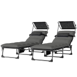 Outsunny Lot de 2 transats pliants avec pare-soleil, chaises longues inclinables avec coussin, poche latérale et poignée de transport, gris foncé