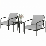 Outsunny Set bistro 3 pièces en acier avec 2 chaises à coussins épais, table basse avec plateau en verre trempé Noir