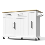 Mobile Kücheninsel mit ausklappbarer Arbeitsplatte, 3-stufigem ausziehbarem Schrank-Organizer, 120x40/65x90 cm, Weiß+Naturfarbe