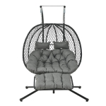 Eiförmiger Hängesessel mit Ständer, Schaukelstuhl mit verstellbarer Fußstütze, Gartenhängstuhl mit Sitzauflage & Kissen, 140 x 94 x 197 cm, Grau
