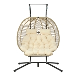 Eiförmiger Hängesessel mit Ständer, Schaukelstuhl mit verstellbarer Fußstütze, Gartenhängstuhl mit Sitzauflage & Kissen, 140 x 94 x 197 cm, Beige