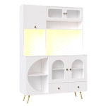 Tall Kitchen Cabinet with Built‑In Power Outlets & 2 USB Ports, Modern Sideboard with App-Controlled LED, 120L x 40W x 176H cm, White