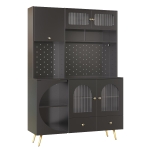 Tall Kitchen Cabinet with Built‑In Power Outlets & 2 USB Ports, Modern Sideboard with App-Controlled LED, 120L x 40W x 176H cm, Black