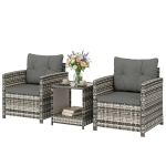 Outsunny Salon de Jardin Extérieur 3 Pièces en Résine Tressée Table et 2 Fauteuils avec Coussins, 62x65x75cm, Gris Clair