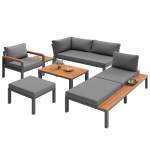Modular Outdoor Garden Sofa Set with Aluminium Frame, Sturdy Lounge Set with Acacia Wood Coffee Table, 150L x 81.5W x 76H cm, Gray