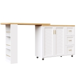 Multifunctional Kitchen Island for Dining & Living Areas, Extendable Bar Cart with 2 Doors & 3 Drawers, 135-228L x 39W x 104H cm, White