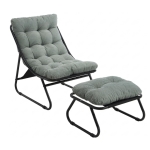 Poltrona lounge da esterno con pouf, cuscino imbottito, tessuto sling, struttura in acciaio, Verde chiaro