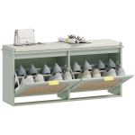 HOMCOM Banc à chaussures, banc de rangement, assise rembourrée, tiroirs rabattables, porte en rotin, 104 x 26 x 47,5 cm, vert