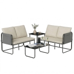Outsunny Conjunto de Jardim de 4 peças Móveis de Exterior com 2 Sofás de 2 Lugares 2 Mesas de Vidro Almofadas Capas Removíveis Preto e Bege