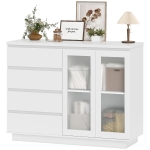 HOMCOM Buffet salon, meuble de rangement avec 4 tiroirs et 2 portes en verre trempé, étagère réglable, 120 x 40 x 91 cm, blanc
