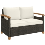 Outsunny 2 Seater Rattan Garden Sofa, Outdoor Sofa with Thickened Cushions and Acacia Wood Armrests, Brown