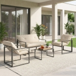 Outsunny Tuinmeubelset met Glazen Tafel, 2 Stoelen, 1 Bank, Weerbestendig, 114 cm x 70 cm x 67 cm, Grijs+Beige