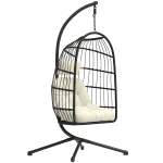 Outsunny Hanging Egg Chair, Indoor Outdoor Hammock Swing Chair with Stand, Safety Strap, Foldable Basket, Black/Cream White