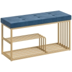 HOMCOM Bench and Shoe Storage, Tufted Shoe Storage Bench with Velvet Seat Cushion Gold Steel Frame for Entryway, Dark Blue