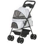 PawHut Poussette pour Petits Chiens avec 4 Roues Frein Panier Capote Sangles de Sécurité et Fenêtres 67x45x96 cm Gris clair