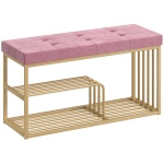 HOMCOM Bench and Shoe Storage, Tufted Shoe Storage Bench with Velvet Seat Cushion Gold Steel Frame for Entryway, Pink