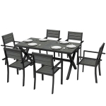 Outsunny Ensemble de Salle à Manger Extérieur 7 Pièces pour 6 Personnes, Table et Chaises Empilables avec Lattes Effet Bois, Cadre en Aluminium, Gris