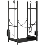 Outsunny Portalegna da Interno ed Esterno Rialzato a 2 Ripiani, Porta Legna da Ardere in Metallo con Supporti Rimovibili, Paletta, Scopa, Attizzatoio e Pinza, Capacità 70 kg, 44.5x29.5x73 cm, Nero
