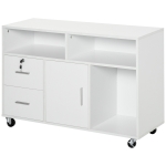 HOMCOM Support d'imprimante à 2 tiroirs meuble de rangement sur roulettes étagères ouvertes et placard, 100 x 35 x 65 cm, blanc