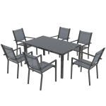 Outsunny Table de jardin extérieure avec 6 chaises empilables, plateau à lattes 150 cm, structure en acier anti-rouille, gris