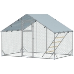 PawHut Enclos poulailler extérieur parc grillagé 6 m² avec perchoir et mangeoire acier galvanisé Ø25mm 300x200x195cm argent