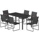 Outsunny Ensemble de Salle à Manger d'Extérieur 7 Pièces pour 6 Personnes, Table en Verre et Chaises avec Accoudoirs Décoratifs, Maille Résistante aux Intempéries, Noir
