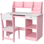 ZONEKIZ Bureau enfant avec chaise ergonomique avec clavier coulissant tiroir niches et étagères ouvertes 90 x 45 x 90 cm rose