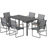 Outsunny Ensemble de Salle à Manger d'Extérieur 7 Pièces pour 6 Personnes, Table en Verre et Chaises en Maille avec Accoudoirs Décoratifs, Gris