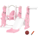 AIYAPLAY Toboggan et balançoire pour enfants 4 en 1 avec panier de basket, toboggan, balançoire, 147,5x160x107cm, rose