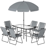 Outsunny Salon de jardin extérieur 8 pièces, table de jardin extérieure 6 chaises Pliantes parasol plateau en Verre Trempé, Gris