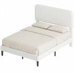 HOMCOM Cadre de Lit 140x190cm avec Sommier, Tête de Lit Réglable, Lit Double Rembourré en Velours Teddy, Lattes en Métal, Blanc