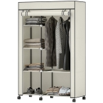HOMCOM Armoire penderie en tissu meuble de rangement 6 roulettes tringle à vêtements et étagères ouvertes 103x43x162,5cm crème