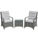 Outsunny 3 Pieces Rattan Bistro Set, Wicker Garden Furniture Set with Metal Frame, Cover, Glass Top Coffee Table, Light Grey