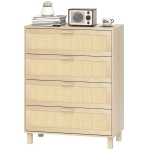 HOMCOM Commode 4 tiroirs cannage en rotin dim. 80L x 40l x 103H cm MDF Aspect Bois Clair