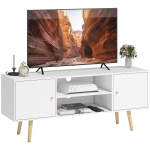 HOMCOM Meuble TV style scandinave 2 portes 2 niches passe-fils piètement bois pin panneaux blanc - 120 x 34 x 50 cm blanc