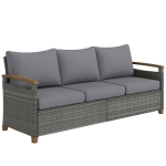 Outsunny 3 Seater Rattan Garden Sofa, PE Wicker Outdoor Sofa Wide Deep Seat, 4" Cushions, Wood-Effect Armrests Legs, Dark Grey