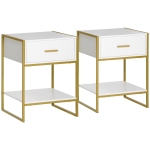 HOMCOM Set 2 noptiere moderne cu sertar și raft deschis din MDF și oțel, 45x40x60cm, alb și auriu
