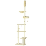 PawHut IE Located Floor to Ceiling Cat Tree, Adjustable Height, Cat Climbing Tower with Carpeted Platforms, Cozy Bed, Hammock, Scratching Posts, Toy Balls, Activity Center for Kittens, Beige