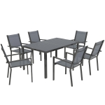 Outsunny Set Masă de Grădină cu Scaune, 7 Piese, Set de Prânz cu Masă cu Blat din Lemn Compozit cu Șipci și 6 Scaune de Exterior Stivuibile, Mobilier din Oțel cu Texteline, Gri și Negru