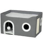 PawHut Casa para Gatos Plegable con Rascador 3 Entradas Bola Colgante Cojín Reversible en Felpa y Tipo Lino 60x40X34 cm Gris