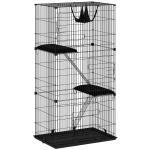 PawHut 3-Tier Large Cat Cage Indoor, Detachable Metal Wire Kennel with Hammock, Platforms, Tray and Cushions for 1-2 Kittens