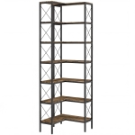 HOMCOM 6-Tier L-Shaped Bookshelf, Freestanding Corner Bookcase with Metal Frame, Rustic Brown