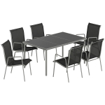 Set mobilier de grădină Outsunny, 7 piese, cu 6 scaune stivuibile din Textilenă și masă cu blat din sticlă, Negru și Argintiu