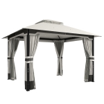 Outsunny 3 x 3.6 m Outdoor Garden Gazebo with Netting and Curtains, Double Roof Patio Gazebo Permanent Pavilion, Light Grey
