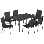 Outsunny Set de Grădină 7 piese din Oțel cu 6 Scaune Stivuibile din Textilenă și Masă de Cafea cu Blat din Sticlă, Negru