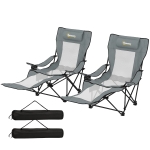 Outsunny Lot de 2 Chaises de Camping Pliante Inclinable 4 Positions, Repose-Pieds Amovible, Porte-Gobelet, 125x80x90cm, Gris