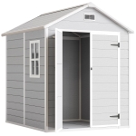 Outsunny 6 x 5ft Garden Shed, Plastic Shed with Floor, Window, Lockable Doors and Vents, Wood Effect Resin Tool Shed for Outdoor Patio, Light Grey