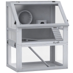 PawHut Wooden Hamster Cage with Detachable 32cm Deep Bottom, Hut, Seesaw, Exercise Wheel, Ramp, 60 x 40 x 75cm, Light Grey